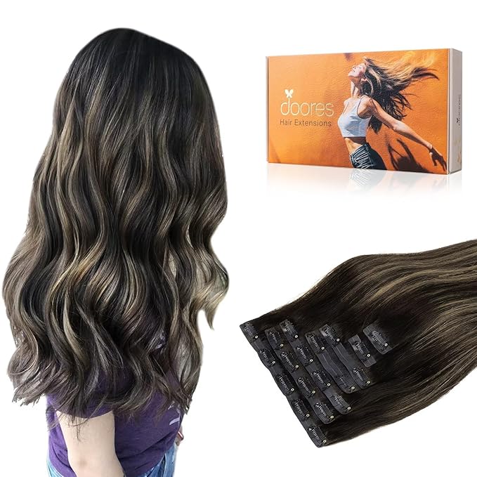 DOORES Hair Extensions Real Human Hair, Natural Black to Light Blonde, 9pcs, 14 Inch, 130g, Seamless Clip-In, Straight