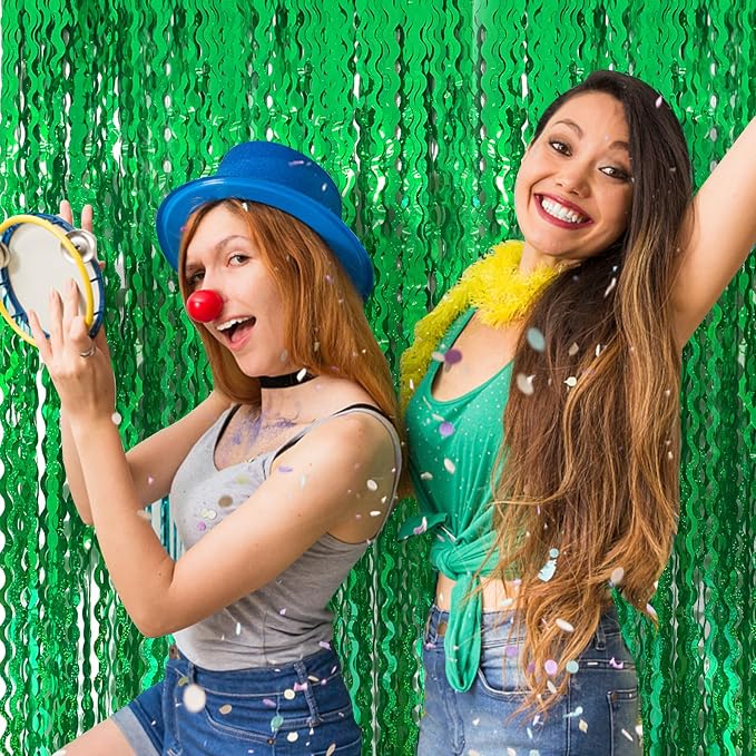 Green Tinsel Foil Fringe Curtains Wavy Backdrop - Image 3