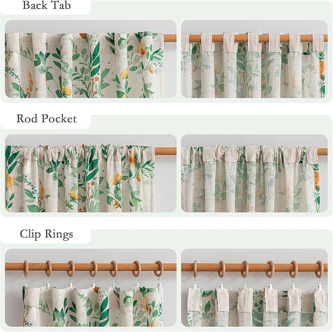 MYSKY HOME Green Floral Curtains 84 Inch Length Linen Blended Farmhouse Curtains - Image 4