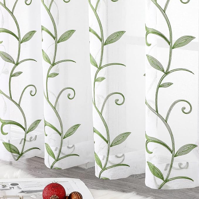 Embroidered Green Sheer Voile Curtains, Leaves Embroidery Faux Linen Rod Pocket - Image 8