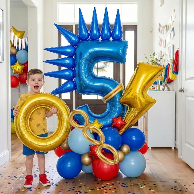 Speed Hedgehog 5th Birthday Balloon Centerpiece Set Royal Blue Red Gold Latex - Image 5