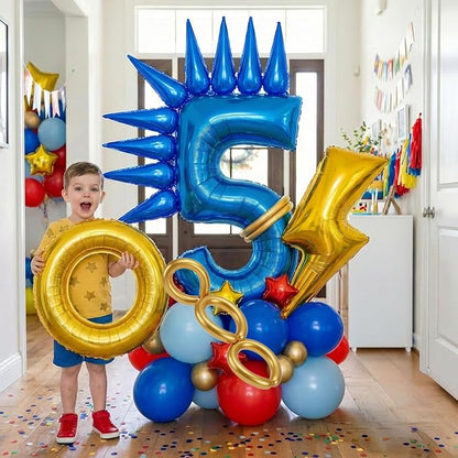 Speed Hedgehog 5th Birthday Balloon Centerpiece Set Royal Blue Red Gold Latex - Image 5