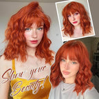 Nnzes Short Orange red Wavy Wig with Bangs for Women Shoulder Length Bob Curly Women's Charming Synthetic Wigs with Natural Wavy Wig Heat Resistant Hair for Daily Party Use