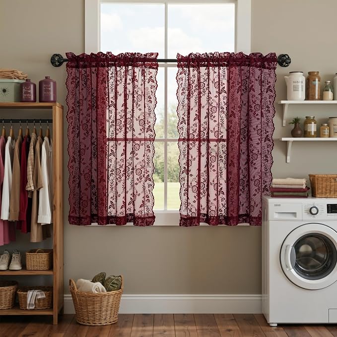 Short Burgundy Lace Curtains Rustic Leaf Floral W42 x L45 Inch 2 Panels | Rod - Image 7
