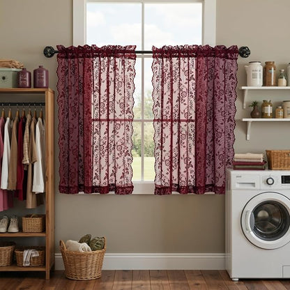 Short Burgundy Lace Curtains Rustic Leaf Floral W42 x L45 Inch 2 Panels | Rod - Image 7