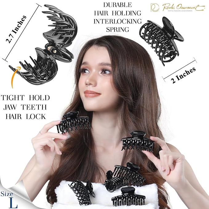 RC ROCHE 6 Pcs Double Claw Hair Clip Tooth Claw Clip Grip Tooth Jaw Clamps Thin Fine Hair Strong Hold No Slip Undo Clutchers for Women, Medium Black