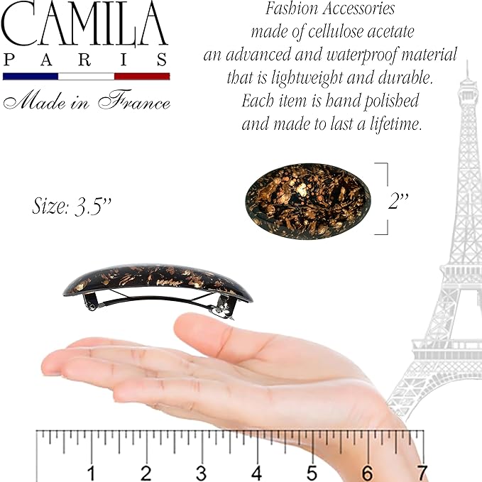 Camila Paris CP3869 French Hair Barrette Clip Oval Brown and Gold, Strong Hold Grip Hair Clips for Women, No Slip Rubberized Metal Closure, Durable Styling Girls Hair Accessories, Made in France