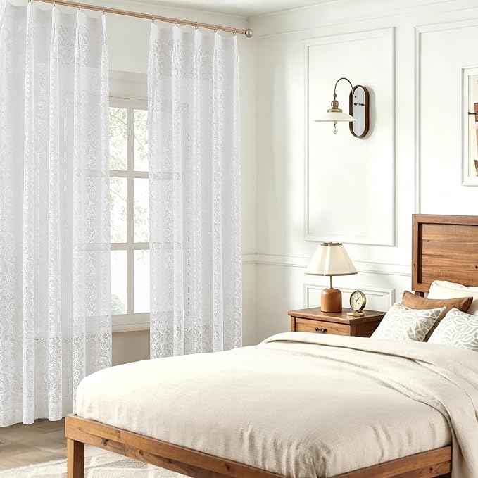 Bujasso White Lace Pinch Pleat Curtains 96 inch, Vintage Floral Sheer Drapes - Image 6