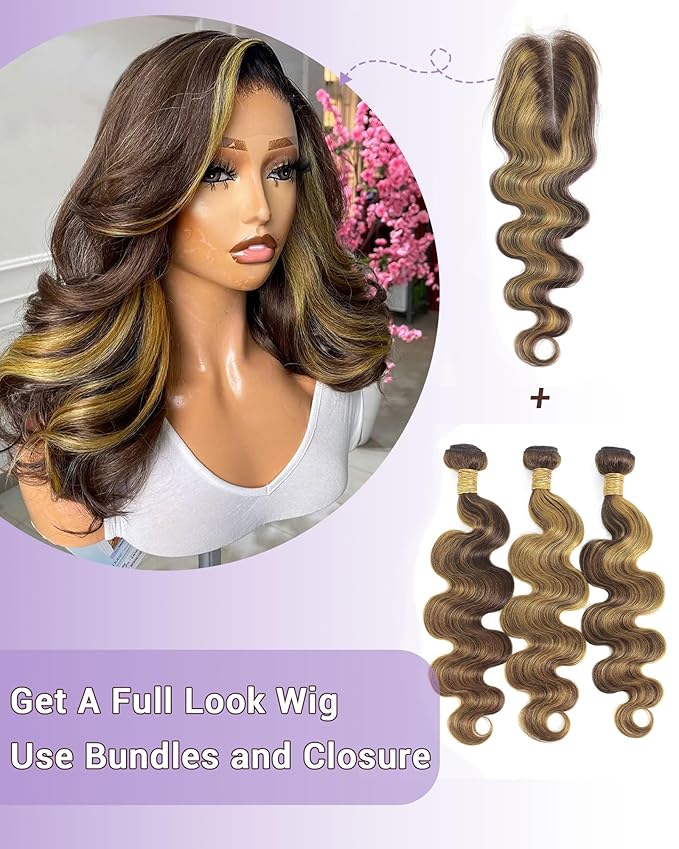 Highlight Yellow On Brown Color 2x6 HD Lace Closure Human Hair Body Wave Transparent Lace Closure 2x6 Long Middle Part 100% Raw Virgin Human Hair 20 Inch 150% Density