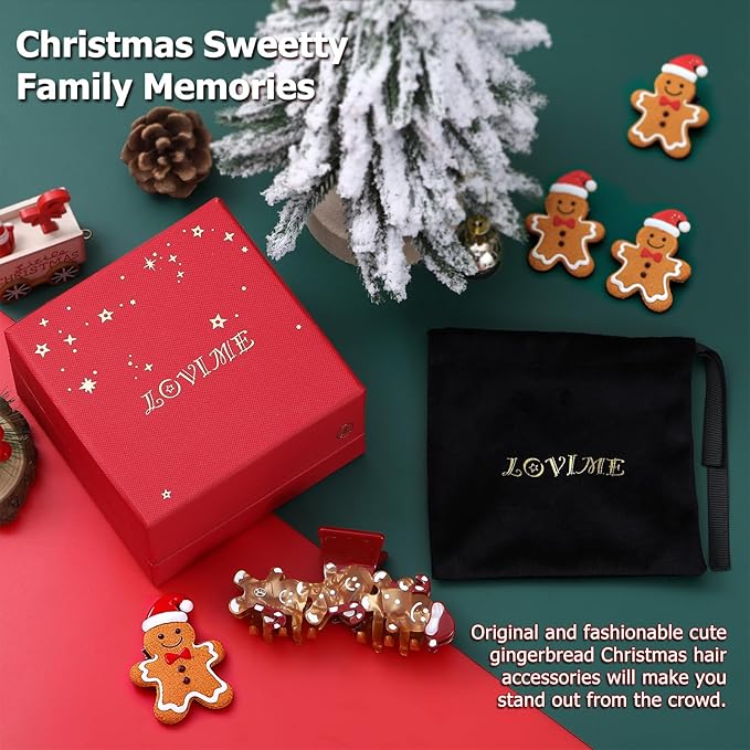 Original Italian Designed Hair Claw Clips for Women- CHRISTMAS Gingerbread Men, Premium Acetate Medium Claw, Non Slip Cute Hair Clips for Women with Gift Box