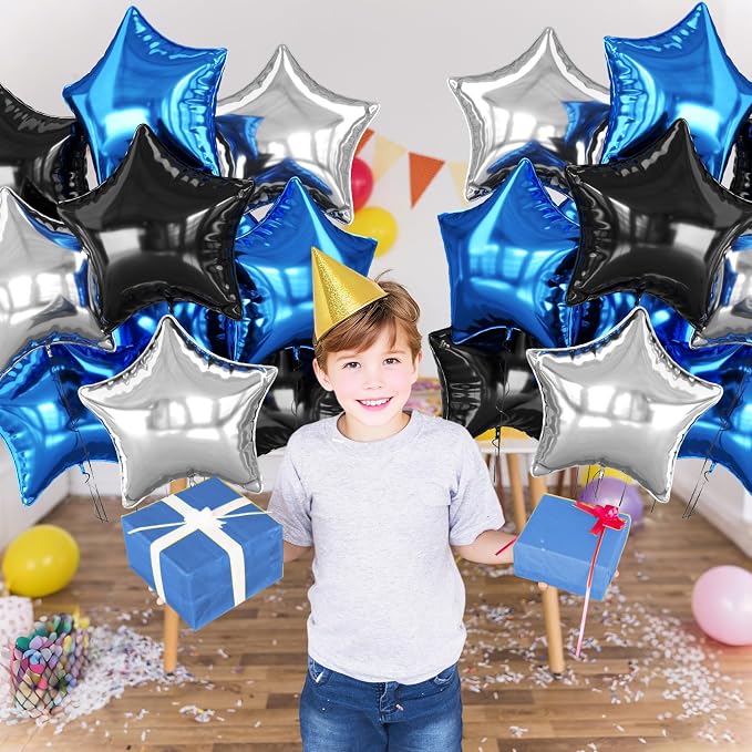 Blue Black Silver Star Foil Balloons, 18 Inch Metallic Star Pentagram Balloons - Image 4