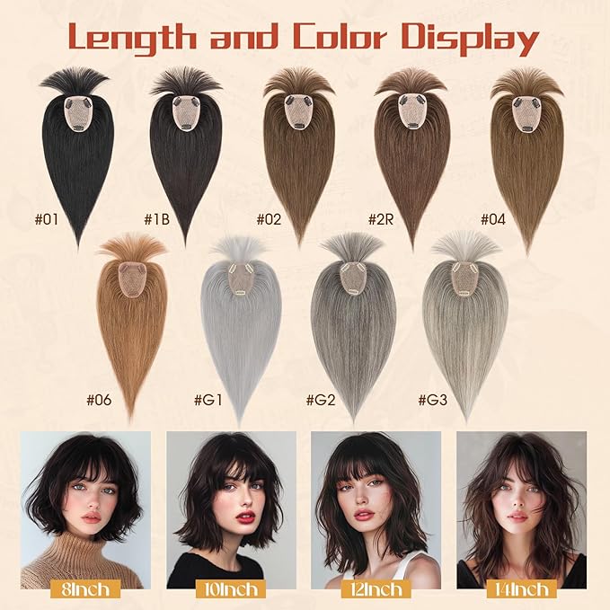 Rich Choices Human Hair Toppers for Women-100% Real Remy Hair Topper with 3D 360°Bang-Upgraded 150% Density 9 * 12CM Lace Base-Clip in Hairs topper for Thinning Hairs-10Inch #G2 Grey