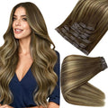 Full Shine Human Hair Clip in Extensions Brown Balayage Seamless Clip in Hair Extensions Human Hair Medium Brown with Honey Blonde Highlights Natural Seamless Look 18 Inch 8 Pcs 120 G