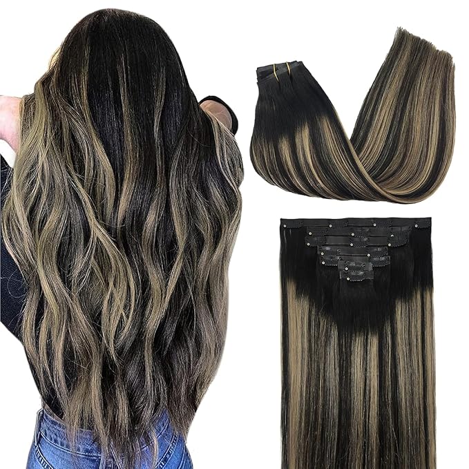 GOO GOO Clip in Hair Extensions Real Human Hair, Remy Human Hair Extensions Clip ins for Women, Natural Human Hair, 22 Inch 160g 7Pcs, 1B/16/1B Balayage Natural Black to Light Blonde