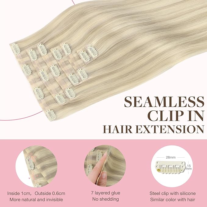GOO GOO Clip in Hair Extensions Real Human Hair, Remy Human Hair Extensions Clip ins for Women, Natural Human Hair, 14inch 110g 7Pcs, 17A/60A Ash Blonde Highlighted Platinum Blonde