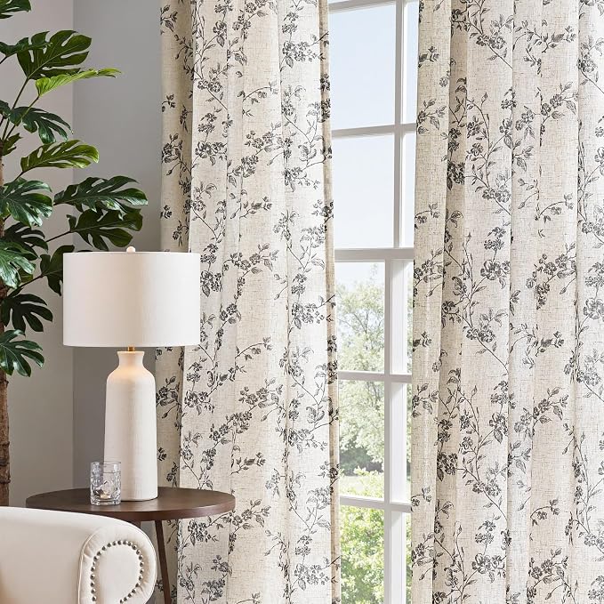 jinchan Black Floral Linen Curtains 63 Inch Rustic Drapes Back Tab 2 Panels | - Image 6