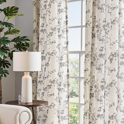 jinchan Black Floral Linen Curtains 84 Inch Rustic Drapes Back Tab 2 Panels | - Image 7
