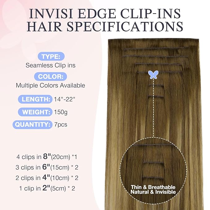 DOORES Invisible Clip in Hair Extensions 22 inch 150g 7pcs, Real Human Hair Invisi Edge Clip in Extensions, Virgin PU Clipins Straight Thickening, 6BT18D Medium Brown Highlighted Dirty Blonde