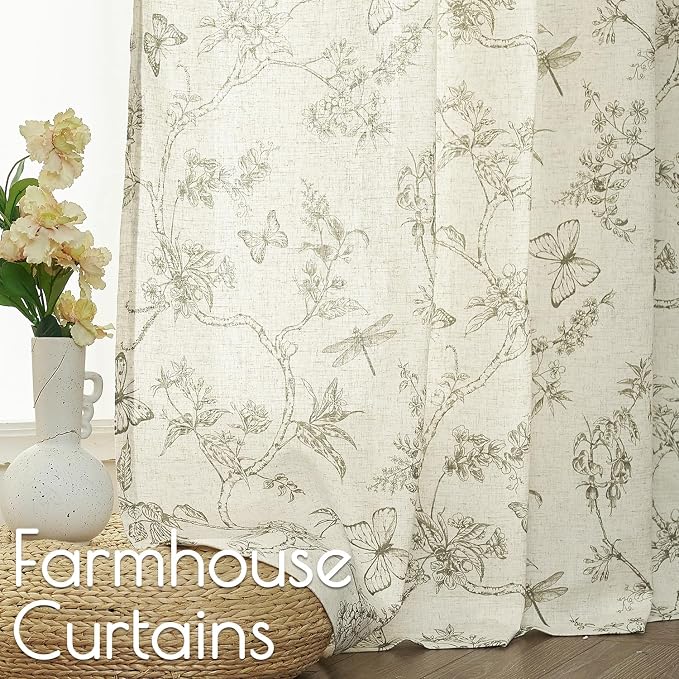Green Floral Linen Curtains Farmhouse Rod Pocket 50W X 84L 2 Panels | Charlotte - Image 3