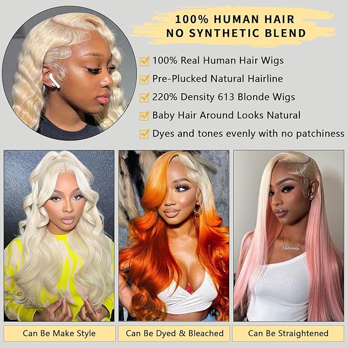 613 Human Hair Wig 30 Inch Hd Lace Full Frontal Wig 13X6 220% Density Body Wave Blond Wig Human Hair Pre Plucked 100% Real Human Hair Triple Lifespan 3X No Tangle No Shedding No Synthetic