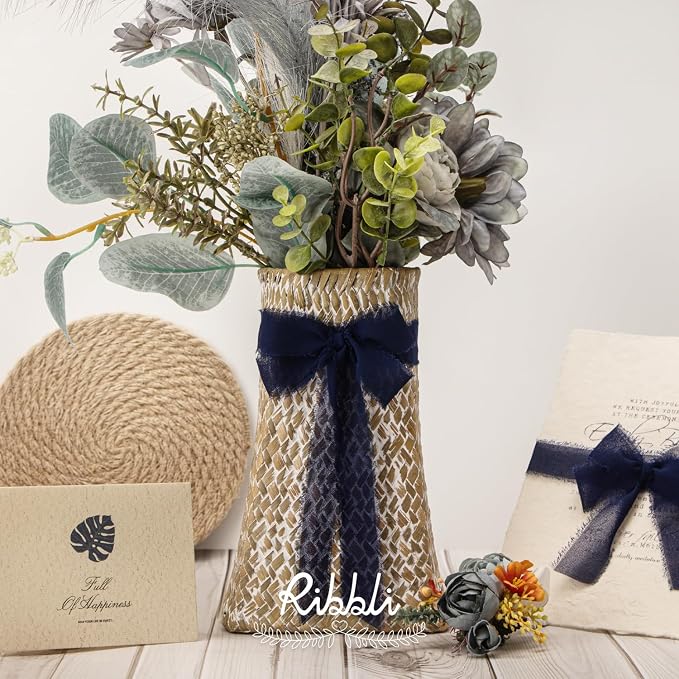 Ribbli Navy Ribbon 1 Inch x 3 Rolls Total 24 Yards Handmade Fringe Chiffon Silk - Image 4