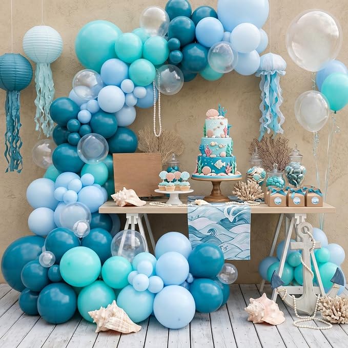 Blue Teal Ocean Balloons, Macaron Light Baby Sea Blue Teal Transparent Balloons - Image 4