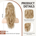 Flufymooz Ponytail Extension, 18Inch Claw Clip Ponytail Extension, Wavy Curly Claw Clip in Ponytail Hair Extensions, Natural Fake Ponytail Synthetic Hairpiece for Women (Golden Blonde with Highlight)
