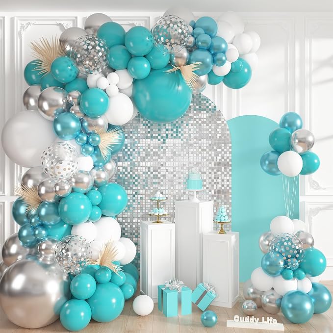 152Pcs Teal Silver White Balloons Arch Kit Different Size | Turquoise Blue by OUDDYLIFE