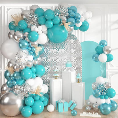 152Pcs Teal Silver White Balloons Arch Kit Different Size | Turquoise Blue by OUDDYLIFE