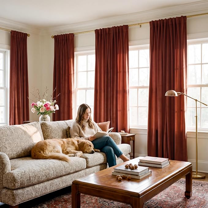 Rust Red Velvet Curtains for Christmas Decor, W52 x L108, 2 Panels | Back Tab - Image 8