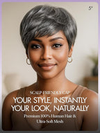 LUVME HAIR Ultra Comfort Salt & Pepper Gray Wigs Throw On & Go Short Pixie Cut with Bangs 5 Inches Skin Friendly Cotton Cap 100% Real Human Hair Glueless Wig Glueless Wig Hair Full Machine Made