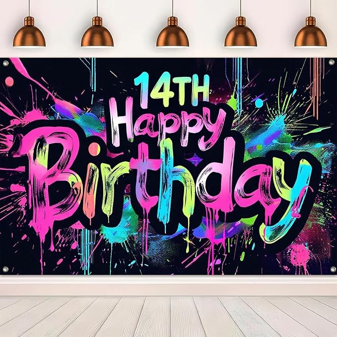 HOMETITUTE Glow in The Dark 14th Birthday Banner 71x43 Inch Colorful Paint - Image 5