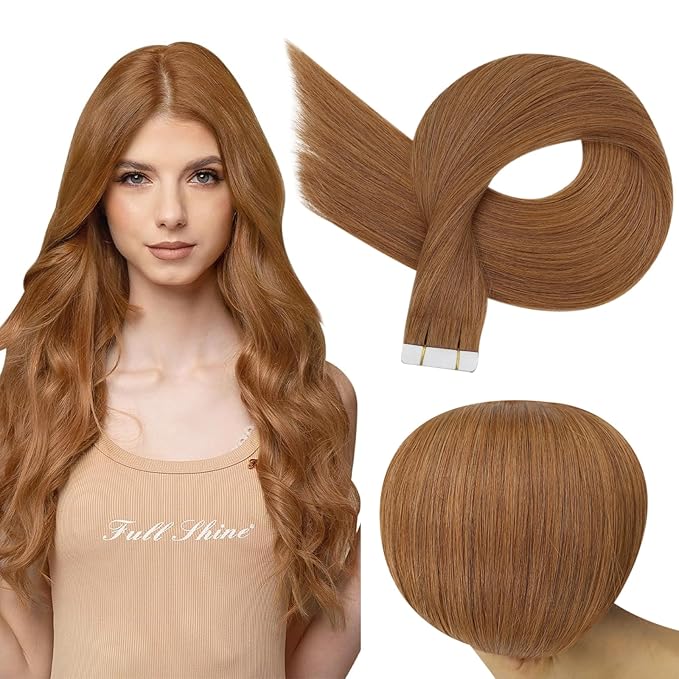 Full Shine Tape in Hair Extensions Human Hair Color 330 Copper Brown Adhesive Tape in Extensions 20Inch Long Remy Seamless Skin Weft for Women 40Pcs 100Gram Natural Straight