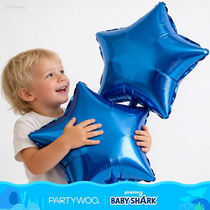 PartyWoo Baby Shark Blue Foil Round Star Mylar Number 3 Balloons 5pcs | Balloons - Image 6