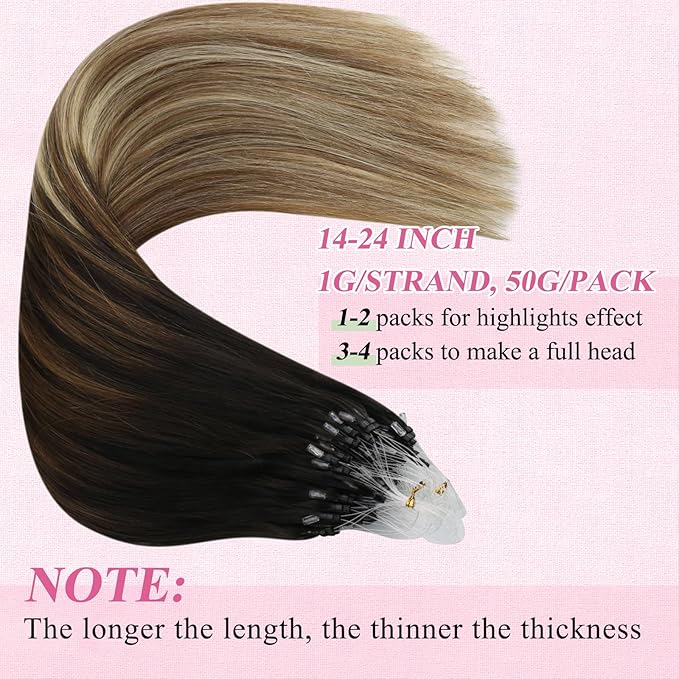 YoungSee Micro Link Hair Extensions Human Hair Balayage Micro Hair Extensions Human Hair Ombre Dark Brown to Blonde Mix Browns Bead Hair Extension Real Hair Microbead Extension 14 Inch 50g 50s