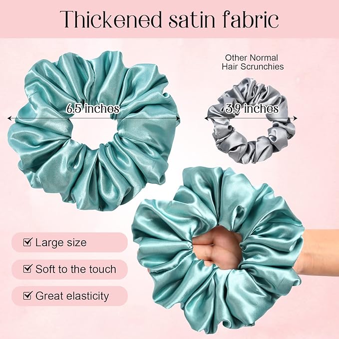 CEELGON Large Silk Satin Scrunchies - Jumbo Hair Ties for Thick Curly Hair - Pack of 6 (Green)