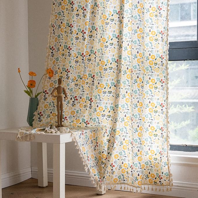 Sutuo Home Boho Curtain Semi-Blackout Colorful Florals Print Cotton Linen Fabric by SutuoHome