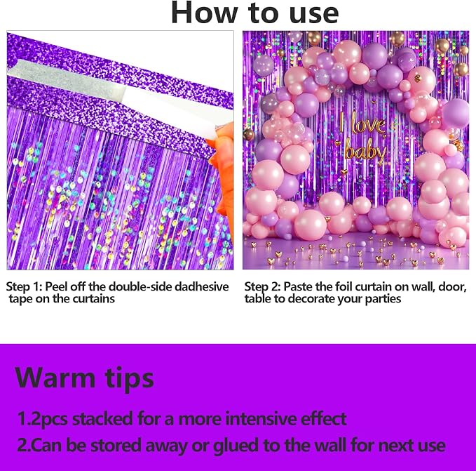 4 Packs Purple Foil Fringe Curtain, Baby Shower, Princess Bachelorette - Image 8