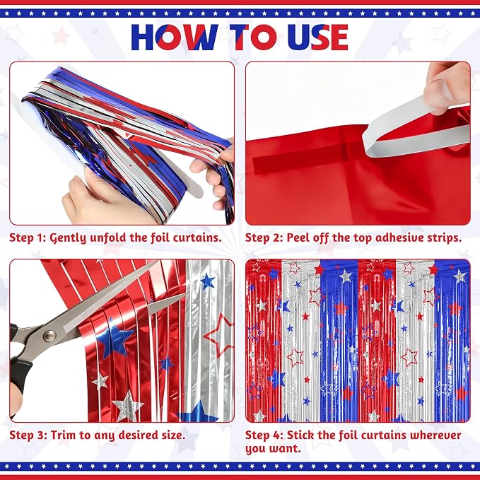 ZATAYE 2 Pack Red Silver Blue Foil Curtain Streamer Decorations | Red Silver - Image 4