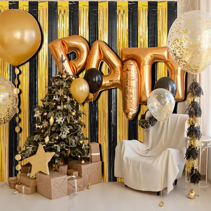 3 Pack 3.3 x 9.9 ft Black & Gold Tinsel Streamers Party Decorations | Foil - Image 4