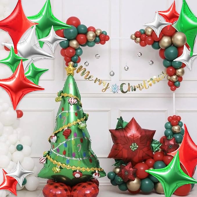TONIFUL 30 Pcs Four Pointed Star Balloon Red Green Silver Foil Balloon | - Image 6