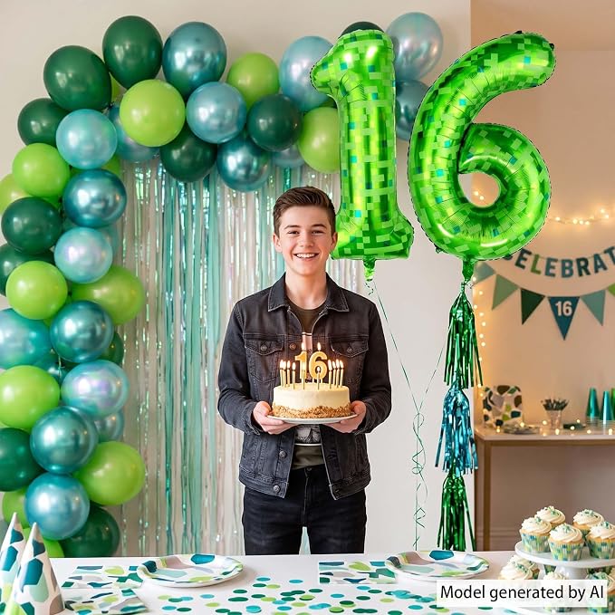 40 Inch Lime Green Pixel Number 16 Balloon, Level 16 Boy Gamer Decor | 40" - Image 6