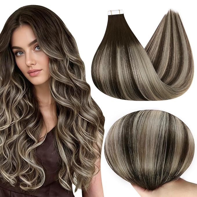 Full Shine Balayage Tape in Hair Extensions Human Hair Color 2/60/2 Remy Hair 22Inch Human Hair Extensions Tape in Extensions Straight Seamless Brazilian Hair for Women 50Gram 20Pcs