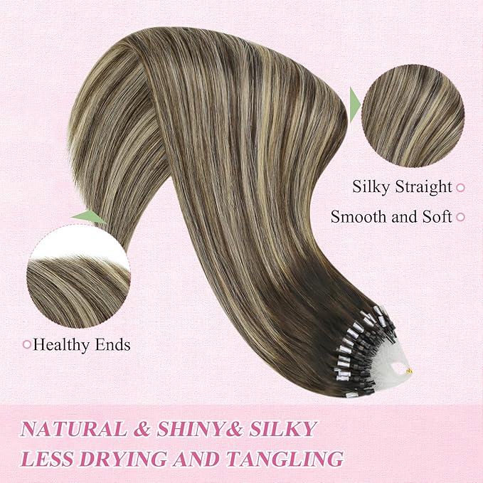 YoungSee Micro Link Hair Extensions Human Hair Balayage Micro Loop Hair Extensions Dark Brown Ombre Blonde Balayage Brown Bead Extension Human Hair 20In 50g 50s Microring Hair Extension for Wedding