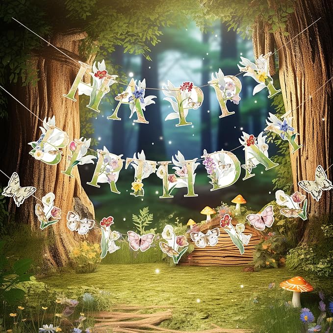 SUNBEAUTY Wildflower Butterfly Happy Birthday Banner Spring Floral Birthday - Image 9