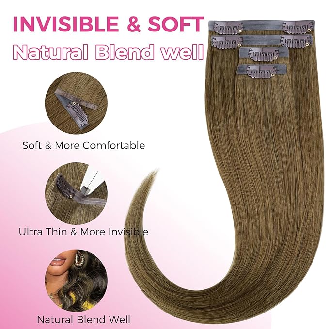 Lashey Clip in Hair Extensions Real Human Hair, 4pcs 50g Medium Brown Human Hair Extensions 22 Inch Straight Hair Extension Clips for Black Women