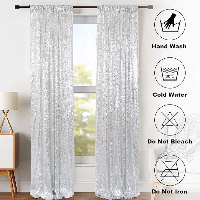ShinyBeauty Sequin Curtains 2 Panels Silver 2FTx8FT Sequin Photo Backdrop - Image 7