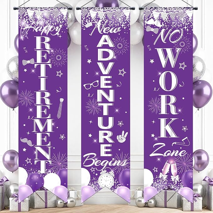 3Pcs Retirement Porch Sign Banner Purple Silver Happy Retirement Door Hanging by TagreSpike