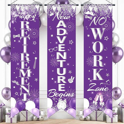 3Pcs Retirement Porch Sign Banner Purple Silver Happy Retirement Door Hanging by TagreSpike