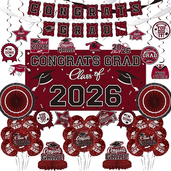 Maroon Themed 2026 Graduation Decorations Set by Gatherfun